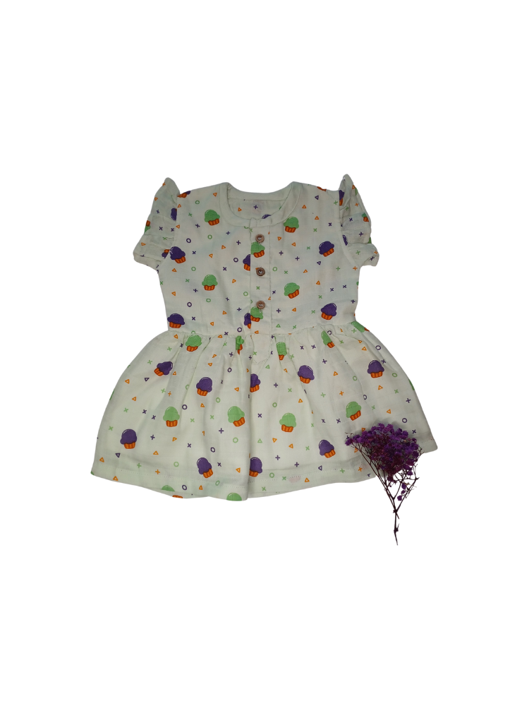 Green Cupcakes Muslin Frock (With Lining)